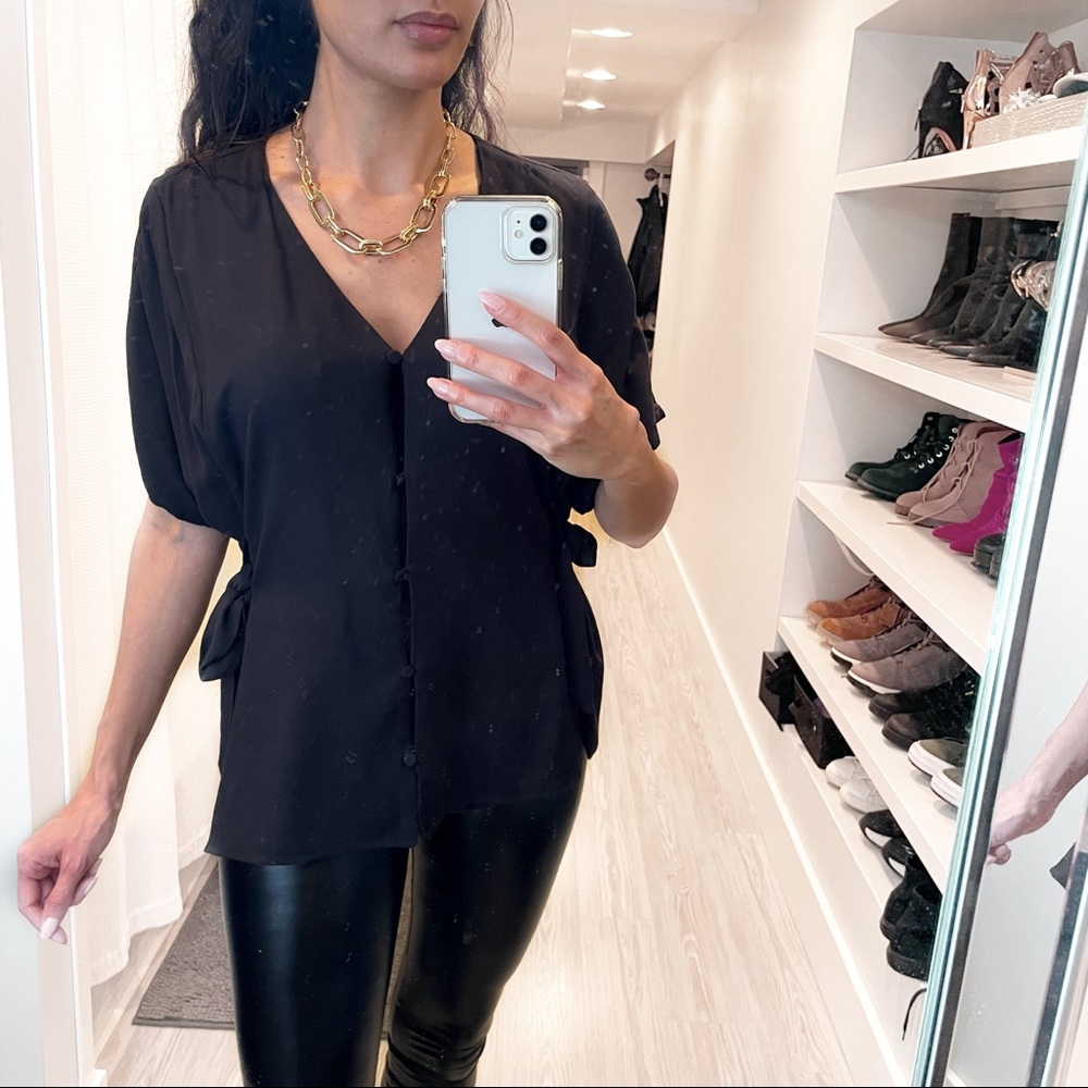 Zara Short Sleeve V-Neck Button Blouse Side Ties